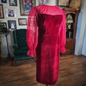 Red Velvet Sheer Mesh Lantern Sleeve Cocktail Dress Size 12 Holiday Party Formal